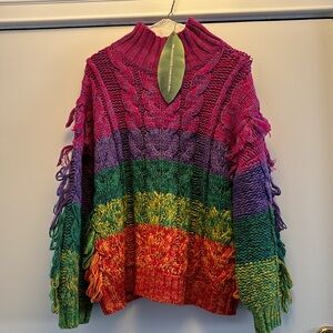 Farm Rio Sweater Multicolor Yarn Fringe Oversized Sweater XS NWT Beautiful